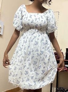 White &amp; Blue Floral Smocked Puff-Sleeve Mini Dress