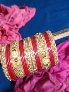 Red &amp; Gold Embellished Bangles Set