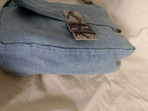 Denim Shoulder Bag with Snake Print Accent