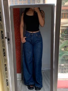 MANGO High Waisted Wide Leg Blue Jeans