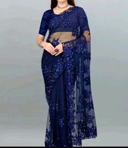 Blue New Net Saree with Blouse पीस Attached