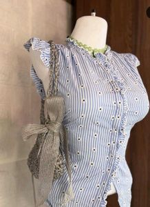 Blue Striped Ruffled Flower top
