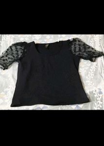 Chic Black Top with Polka Dot puff Sleeves