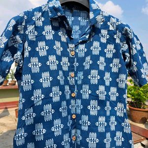 Blue Fish Print Cotton Kurta