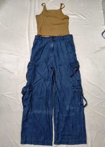 Trendy Beige Ribbed Cami Top + Blue Wide Leg Cargo
