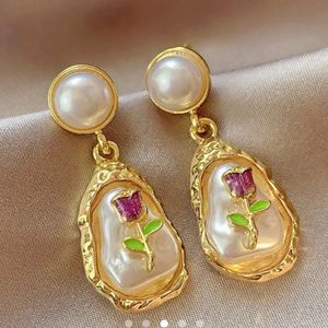 Elegant Pearl Rose Drop Earrings