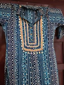 Blue Ethnic Printed Collar Kurta set with dupatta
