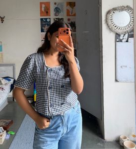 Cute Gingham Square Neck Top