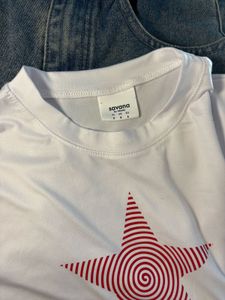 White Crop Top with Red Star Print