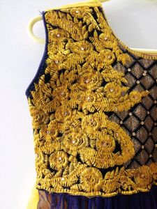 Yellow Blue Long Ethnic Dress For Women