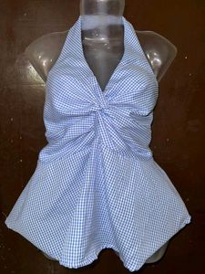 Blue Gingham Twist Halter Top