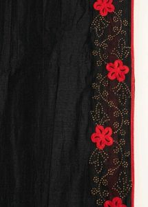 Elegant Black Saree with Red Floral Embroidery