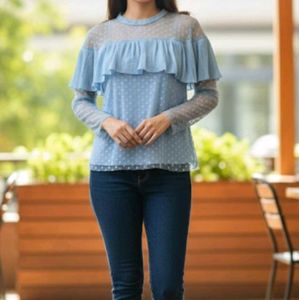 CODE by Lifestyle Blue Sheer Polka Dot Top