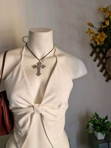 White Halter Neck Bow Front Top