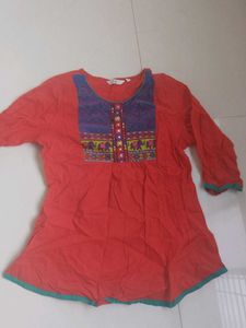 Vibrant Red Kurta with Elephant Print