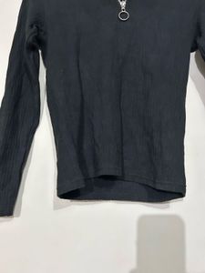 Black Ribbed High Neck Zip Top / Full Sleeve