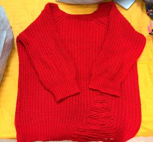 Chic Red Distressed Knit Sweater
