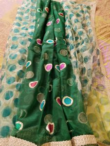 Bottle Green Colour Netted Saree