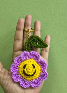 Crocheted Flower Smiley Face Keychain