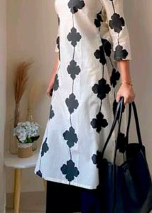 Pink Fort Cream knee length Kurta with Black Motif
