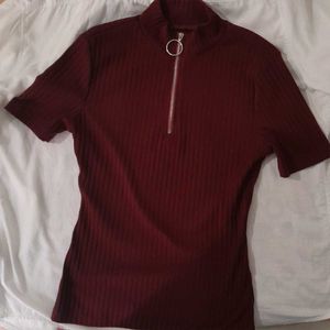 Burgundy Ribbed Zip-Up Top