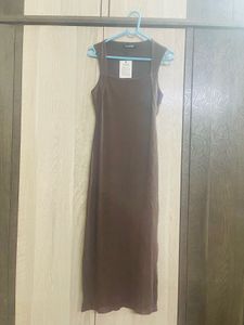 Brown Ribbed Bodycon Midi Dress