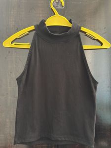 Sleeveless Black Ribbed Mock Neck Top