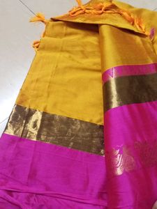 Vibrant Yellow and Pink Silk Saree