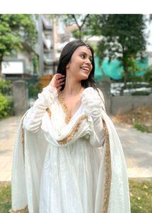 Elegant White Ethnic Gown with Gold Trim