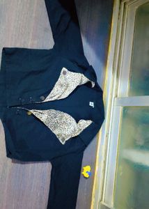 Unique Black Jacket with Leopard Print Detail