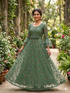 Elegant Green Floral Embroidered Gown