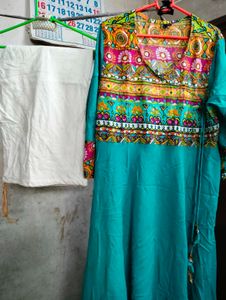 Vibrant Teal Kurta with Embellished Neckline