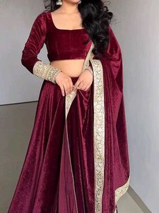 Maroon Velvet Lehenga Choli with Dupatta