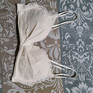 Cream Ribbed Lace Trim Push up Bralette