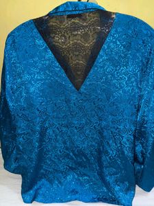 Chic Teal Satin Button-Up Shirt