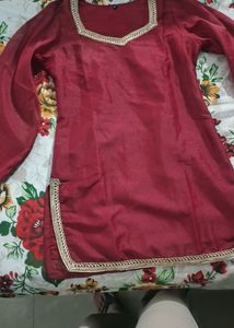 Maroon Kurta Set with Embellished Neckline