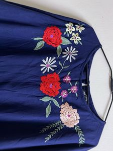 Embroidered Blue Round Neck Top