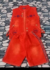 Red Denim Vest & Shorts Set For Kids