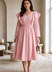 Chic Pink Ruffle V-Neck Midi Dress