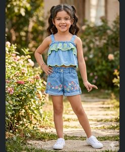 Cute Denim Top & Shorts Set for Girls