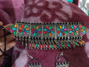 Oxidised Silver Multicolour Jwellery Set