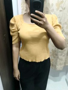 Yellow Puff Sleeve Knit Top