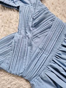 Sky Blue Puff Sleeve Midi Dress With pocket