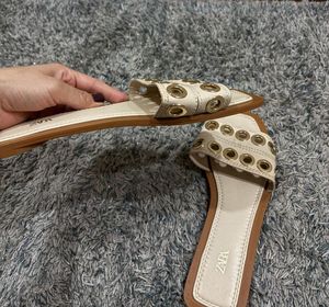 Zara Cream Eyelet Gold Tone Flat