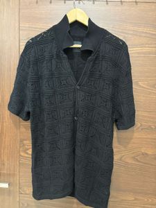 Black Crochet Button-Up Shirt