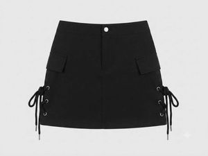 Black Cargo Mini Skirt with Lace-up Detail