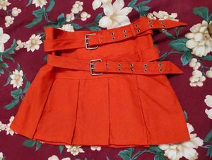 Red Pleated Mini Skirt with Double Belts