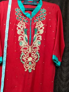 Embroidery Cotton Red kurti designer Rhinestone