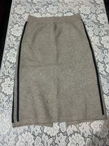 khaki wool Skirt with Black Stripe Detail