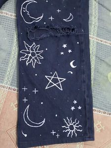 Women Black Jeans Hand-Painted Sun &amp; Moon